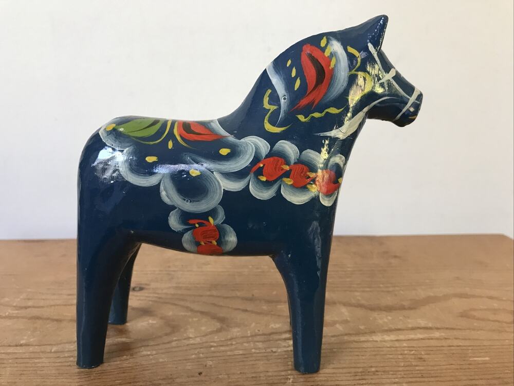 Vintage Swedish Grannas Olsson Dala Horse Hand Painted Blue Decorative Statue 6"